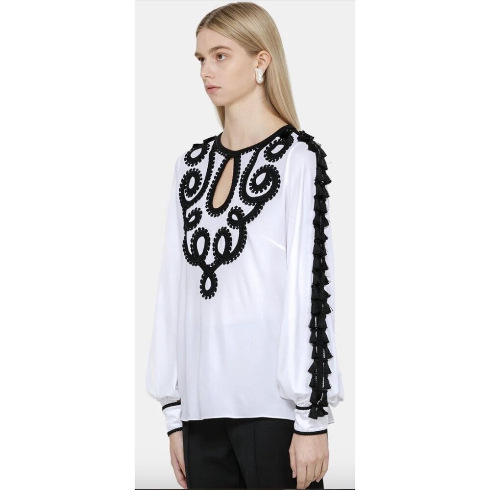 ANDREW GN F19 White Black Tassel Cut Out Embroidered White Black Top - Size US 4